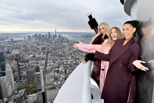 NEW YORK, NEW YORK - NOVEMBER 13: (L-R) Miranda McWhorter, Jessi Ngatikaura and Layla Taylor from "The Secret Lives of Mormon Wives" visit the Empire State Building on November 13, 2025 in New York City. (Photo by Roy Rochlin/Getty Images for Empire State Realty Trust)