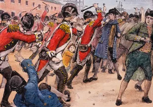 Illustration depicts British soldiers as they clash with an angry crowd during the Boston Massacre, Boston, Massachusetts, March 5, 1770. (Photo by Stock Montage/Getty Images)