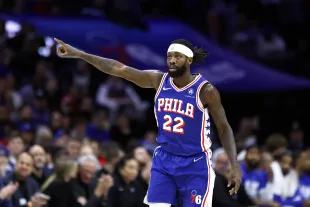 PHILADELPHIA, PENNSYLVANIA - FEBRUARY 05: Patrick Beverley #22 of the Philadelphia 76ers reacts during the first quarter against the Dallas Mavericks at the Wells Fargo Center on February 05, 2024 in Philadelphia, Pennsylvania. NOTE TO USER: User expressly acknowledges and agrees that, by downloading and or using this photograph, User is consenting to the terms and conditions of the Getty Images License Agreement. (Photo by Tim Nwachukwu/Getty Images)