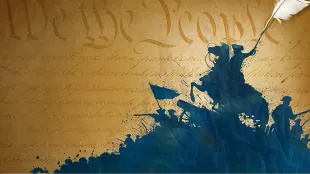 Silhouettes of Continental soldiers surge in blue ink beneath the “We the People” parchment, promo art for The American Revolution. Image via PBS.