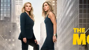 Jennifer Aniston and Reese Witherspoon return to UBA under the New York skyline in The Morning Show season 4. Image via Apple TV+.