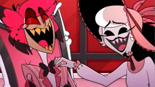 Alastor and Rosie trade razor smiles inside the Hazbin Hotel lobby. Image via Amazon.