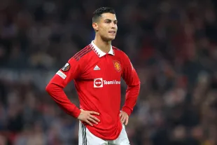 MANCHESTER, ENGLAND - OCTOBER 13: Cristiano Ronaldo of Manchester United reacts during the UEFA Europa League group E match between Manchester United and Omonia Nikosia at Old Trafford on October 13, 2022 in Manchester, England. (Photo by James Gill/Getty Images)