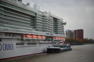 ROTTERDAM, NETHERLANDS - NOVEMBER 3: A large cruise ship is re-supplied at Kop van Zuid in the port of Rotterdam, near the Erasmus Bridge on November 3, 2025 in Rotterdam, Netherlands. Europe's largest port, Rotterdam serves as a vital logistics hub connecting the continent with global trade routes. (Photo by Pierre Crom/Getty Images)