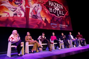 Vivienne Medrano, Erika Henningsen, Blake Roman, Amir Talai, Jessica Vosk, Joel Perez and Patrick Gomez speak during the "Hazbin Hotel" panel for day three of the 12th SCAD TVfest on February 09, 2024 in Atlanta, Georgia. (Photo by Jason Kempin/Getty Images for SCAD)