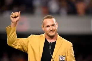 CHICAGO, IL - SEPTEMBER 17:  Brian Urlacher is honored with a Ring of Excellence ceremony for his recent induction into the Hall of Fame at Soldier Field on September 17, 2018 in Chicago, Illinois.  (Photo by Quinn Harris/Getty Images)