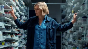 Rhea Seehorn in Pluribus, now streaming on Apple TV. (Image via Apple.com)