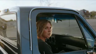 Rhea Seehorn in Pluribus, now streaming on Apple TV. (Image via Apple.com)