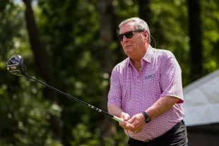 THE WOODLANDS, TEXAS - APRIL 30: Fuzzy Zoeller of the United States tees off on the 10th hole during the Greats of Golf competition at the Insperity Invitational at The Woodlands Golf Club on April 30, 2022 in The Woodlands, Texas. (Photo by Logan Riely/Getty Images)