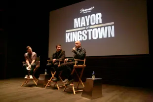 Cast members Josh Horowitz, Jeremy Renner, and Hugh Dillon speak onstage during the Mayor Of Kingstown special advanced screening event in NY on May 20, 2024 in New York City. (Photo by Santiago Felipe/Getty Images for Paramount+)