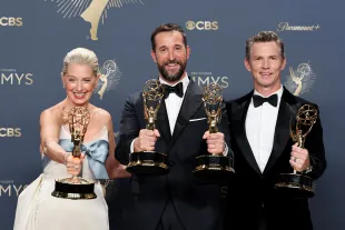 LOS ANGELES, CALIFORNIA - SEPTEMBER 14: (L-R) Katherine LaNasa, Noah Wyle, and Shawn Hatosy, winners of Outstanding Supporting Actress in a Drama Series, Lead Actor in a Drama Series, Outstanding Guest Actor in a Drama Series, and Outstanding Drama Series for "The Pitt," pose in the press room during the 77th Primetime Emmy Awards at Peacock Theater on September 14, 2025 in Los Angeles, California.  (Photo by Amy Sussman/Getty Images)