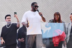 NEW YORK, NEW YORK - SEPTEMBER 15:  Sean "Diddy" Combs speaks to the crowd after being presented with the key to the city by New York Mayor Eric Adams in Times Square on September 15, 2023 in New York City. (Photo by Cindy Ord/Getty Images)
