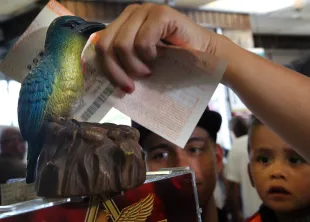A family rubs their lottery tickets on the lucky bird hoping it will bring them luck after purchasing their tickets at Bluebird Liquor  May 17, 2017 in Hawthorne. A record Powerball jackpot climbed Friday morning to a mind-numbing $600 million, and lottery officials speculated the jackpot would continue to soar in the run-up to Saturday's drawing. People lined up for hours waiting to buy at Bluebird Liquor in Hawthorne, CA.  (Photo by Barbara Davidson/Los Angeles Times via Getty Images)