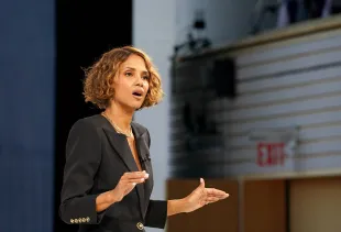 NEW YORK, NEW YORK - DECEMBER 03: Halle Berry speaks onstage during The New York Times DealBook Summit 2025 at Jazz at Lincoln Center on December 03, 2025 in New York City.  (Photo by David Dee Delgado/Getty Images for The New York Times)