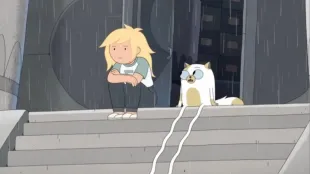 Fionna and Cake sit in the rain on the Sweet Spot steps after the wizard-eyes reveal in Adventure Time: Fionna and Cake season 2 episode 7 (Image via HBO MAX))