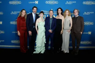 NEW YORK, NEW YORK - DECEMBER 02:  Kris Thykier, Thomasin McKenzie, Jim O'Hanlon, Katherine Waterston,Emma Laird and guests attend the "Fackham Hall" New York premiere at Metrograph on December 02, 2025 in New York City. (Photo by John Lamparski/Getty Images)