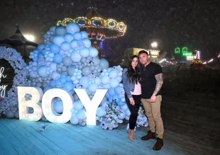 SEASIDE HEIGHTS, NEW JERSEY - MAY 15: (L-R) Sammi Giancola and Justin May attend Sammi Giancola's gender reveal with MTV's Jersey Shore cast at Lobster Lounge on May 15, 2025 in Seaside Heights, New Jersey. (Photo by Dave Kotinsky/Getty Images for MTV)