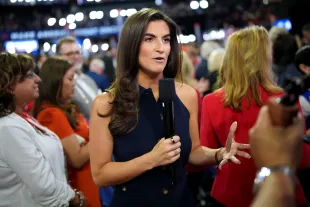 CNN journalist Kaitlan Collins reports on the first day of the Republican National Convention at the Fiserv Forum on July 15, 2024 in Milwaukee, Wisconsin. (Photo by Andrew Harnik/Getty Images)