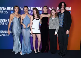 LONDON, ENGLAND - OCTOBER 16: Esme Allen, Esmé Creed-Miles, Kristen Stewart, Imogen Poots, Anna Wittowsky and Earl Cave  attend the "The Chronology Of Water" screening during the 69th BFI London Film Festival at the Curzon Mayfair on October 16, 2025 in London, England. (Photo by Joe Maher/Getty Images for BFI)