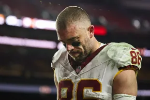 LANDOVER, MD - NOVEMBER 30: Zach Ertz #86 of the Washington Commanders looks on after the NFL game against the Denver Broncos at Northwest Stadium on November 30, 2025 in Landover, Maryland. (Photo by Scott Taetsch/Getty Images)