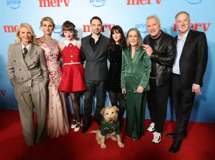 CULVER CITY, CALIFORNIA - DECEMBER 04: (L-R) Roma Downey, Jessica Swale, Victoria Blade, Charlie Cox, Zooey Deschanel, Patricia Heaton, David Hunt and Matthew Baer attend the Los Angeles screening of Amazon Prime Video's "Merv" at The Culver Theater on December 04, 2025 in Culver City, California. (Photo by Monica Schipper/Getty Images)