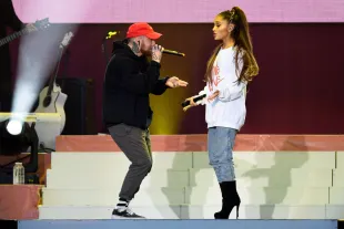 MANCHESTER, ENGLAND - JUNE 04:  NO SALES, free for editorial use. In this handout provided by 'One Love Manchester' benefit concert (L) Mac Miller and Ariana Grande perform on stage on June 4, 2017 in Manchester, England. Donate at www.redcross.org.uk/love  (Photo by Getty Images/Dave Hogan for One Love Manchester)