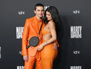 BEVERLY HILLS, CALIFORNIA - DECEMBER 08: (L-R) Timothée Chalamet and Kylie Jenner attend the Los Angeles premiere of A24's "Marty Supreme" at Samuel Goldwyn Theater on December 08, 2025 in Beverly Hills, California. (Photo by Monica Schipper/Getty Images)