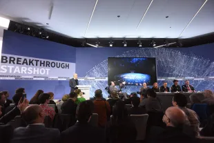 NEW YORK, NEW YORK - APRIL 12:  (L-R) Yuri Milner, Breakthrough Prize and DST Global Founder; Stephen Hawking, CH, CBE, FRS, Dennis Stanton Avery and Sally Tsui Wong-Avery Director of Research, University of Cambridge; Freeman Dyson, Emeritus Professor, Princeton Institute for Advanced Study; Ann Druyan, Producer, Co-Founder and CEO of Cosmos Studios; Avi Loeb, Frank B. Baird, Jr. Professor of Science at Harvard University; Mae Jamison, Nasa Astronaut, Principal 100 Year Starship Foundation; and Peter Worden, Chairman, Breaktrough Prize Foundation, Former NASA Director speak on stage as Yuri Milner And Stephen Hawking host press conference to announce Breakthrough Starshot, a new space exploration initiative, at One World Observatory on April 12, 2016 in New York City.  (Photo by Bryan Bedder/Getty Images for Breakthrough Prize Foundation)