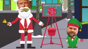 Trump-as-Santa and Vance-as-elf ring a Salvation Army bell in South Park’s “The Crap Out,” a cheery frame for the finale’s darkest “Christmas miracle.”(Image via Comedy central)