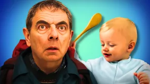 Rowan Atkinson and the baby in ‘Man Vs Baby’ (Custom cover edited by PRIMETIMER, Original Image [YouTube/Netflix])