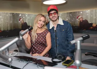 LOS ANGELES, CALIFORNIA - DECEMBER 04: (L-R) Hilary Duff and Matthew Koma live on air at Apple Music Studios during a holiday Apple Music radio takeover on December 04, 2025 in Los Angeles, California. (Photo by Amy Sussman/Getty Images for Apple Music)