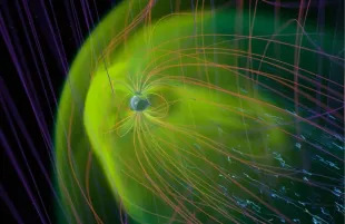 An image of a simulation by the MAGE model of Earth’s magnetosphere being hit by a geospace storm in May 2024 (Image via NASA)