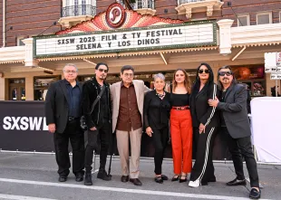 AUSTIN, TEXAS - MARCH 12: Ricky Vela, Chris Pérez, Abraham Quintanilla Jr., Marcella Quintanilla, Isabel Castro, Suzette Quintanilla, Pete Astudillo at "Selena y Los Dinos" Premiere during the SXSW Conference & Festivals at Paramount Theatre on March 12, 2025 in Austin, Texas. (Photo by Astrida Valigorsky/Getty Images)