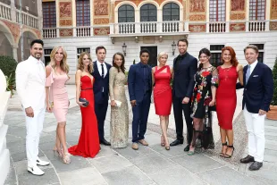 The cast members of The Bold and The Beautiful Don Diamont and wife Cindy Ambuehl, Kelly Kruger, Darin Brooks, Reign Edwards, Rome Flynn, Katherine Kelly Lang, Pierson Fode Heather Tom, Courtney Hope and Bradley Bell. (Photo by TV Festival-Olivier Huitel/ PLS Pool/Getty Images)
