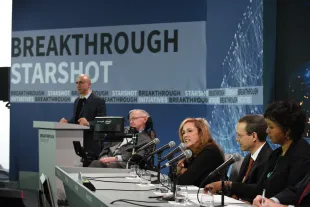 NEW YORK, NEW YORK - APRIL 12:  (L-R) Yuri Milner, Breakthrough Prize and DST Global Founder; Stephen Hawking, CH, CBE, FRS, Dennis Stanton Avery and Sally Tsui Wong-Avery Director of Research, University of Cambridge; Freeman Dyson, Emeritus Professor, Princeton Institute for Advanced Study; Ann Druyan, Producer, Co-Founder and CEO of Cosmos Studios; Avi Loeb, Frank B. Baird, Jr. Professor of Science at Harvard University; Mae Jamison, Nasa Astronaut, Principal 100 Year Starship Foundation speak on stage as Yuri Milner And Stephen Hawking host press conference to announce Breakthrough Starshot, a new space exploration initiative, at One World Observatory on April 12, 2016 in New York City.  (Photo by Bryan Bedder/Getty Images for Breakthrough Prize Foundation)