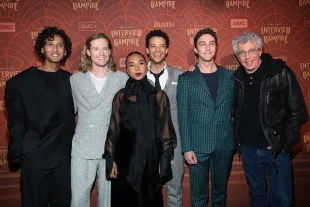NEW YORK, NEW YORK - APRIL 30: (L-R) Assad Zaman, Sam Reid, Delainey Hayles, Jacob Anderson, Luke Brandon Field and Eric Bogosian attend "Anne Rice's Interview With The Vampire" Season 2 Premiere at The McKittrick Hotel on April 30, 2024 in New York City. (Photo by Dimitrios Kambouris/Getty Images)