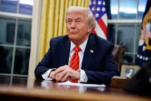 WASHINGTON, DC - FEBRUARY 10: U.S. President Donald Trump reacts to a question from a reporter after signing a series of executive orders including 25% tariffs on steel and aluminum, a pardon for former Illinois Gov. Rod Blagojevich, an order relating to the Foreign Corrupt Practices Act, and an order for the federal government to stop using paper straws and begin using plastic straws in the Oval Office at the White House on February 10, 2025 in Washington, DC. Trump has signed more than 50 executive orders as of Friday, the most in a president's first 100 days in more than 40 years. (Photo by Andrew Harnik/Getty Images)