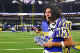 Puka Nacua #17 of the Los Angeles Rams is interviewed after the Rams defeated the Buffalo Bills, 44-42, at SoFi Stadium on December 08, 2024 in Inglewood, California. (Photo by Katelyn Mulcahy/Getty Images)