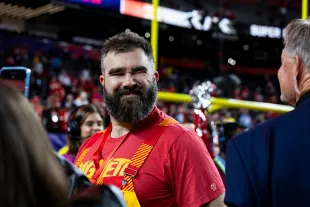 Jason Kelce winks after the Kansas City Chiefs won Super Bowl LVIII against the San Francisco 49ers at Allegiant Stadium on Sunday, February 11, 2024 in Las Vegas, Nevada. (Photo by Lauren Leigh Bacho/Getty Images)