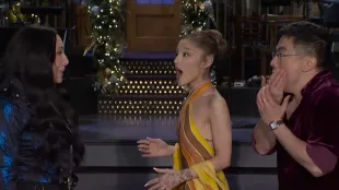 Cher slaps  Ariana Grande and Bowen Yang in a SNL Promo. (Image via youtube/@Saturday Night Live)