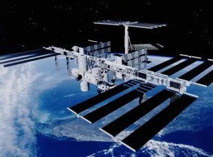 circa 1998:  An artist's impression of the completed International Space Station.  (Photo by NASA/Space Frontiers/Getty Images)