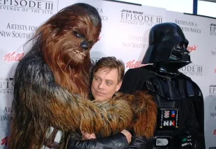 Chewbacca and Mark Hamill and Darth Vader during "Star Wars: Episode III - Revenge of The Sith" Premiere to Benefit Artists for a New South Africa Charity - Arrivals at Mann's Village Theater in Westwood, CA, United States. (Photo by SGranitz/WireImage)