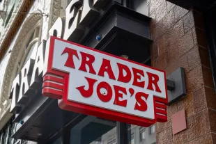 Close-up of Trader Joe's grocery store sign on building facade, San Francisco, California, August 29, 2025. (Photo by Smith Collection/Gado/Getty Images)