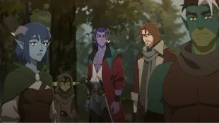 Jester Lavorre (Laura Bailey), Nott the Brave (Sam Riegel), Mollymauk Tealeaf (Taliesin Jaffe), Caleb Widogast (Liam O, Brien), and Fjord Stone (Travis Willingham) in The Mighty Nein Season 1 (Prime Video). Image via Prime Video.