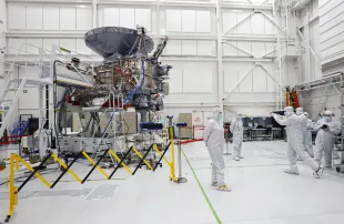 The NASA Europa Clipper spacecraft is viewed during a media tour inside a Spacecraft Assembly Facility (Image via Getty)