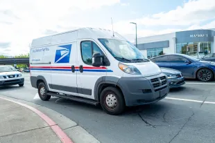 Modern USPS mail truck in Walnut Creek, California with streamlined design, April 8, 2025. (Photo by Smith Collection/Gado/Getty Images)