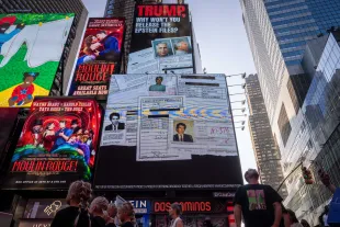 NEW YORK, NEW YORK - JULY 23: A billboard in Times Square calls for the release of the Epstein Files on July 23, 2025 in New York City.  Attorney General Pam Bondi briefed President Donald Trump in May on the Justice Department's review of the documents related to the Jeffrey Epstein case, telling him that his name appeared in the files. (Photo by Adam Gray/Getty Images)