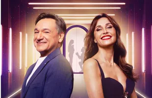 Fabio Caressa and Bendetta Parodi, hosts of Love is Blind: Italy (Image via Netflix)