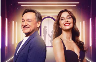 Fabio Caressa and Bendetta Parodi, hosts of Love is Blind: Italy (Image via Netflix)