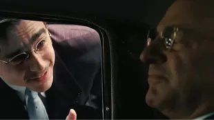 Timothée Chalamet as Marty Mauser and Kevin O'Leary as Milton Rockwell in Marty Supreme. (Image via A24)